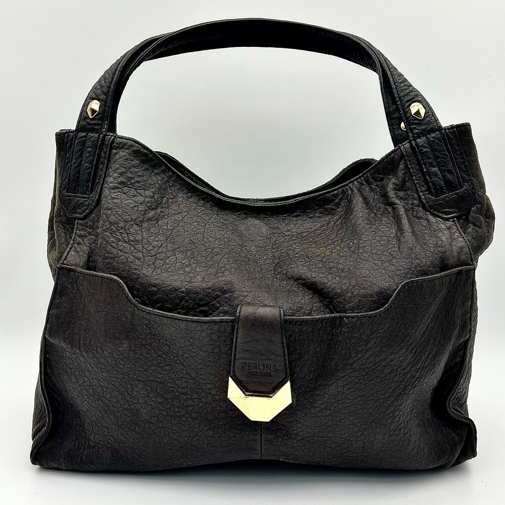 Vintage Perlina New York Leather Hobo Bag Black Pebbled Shoulder Purse Y2K Gold